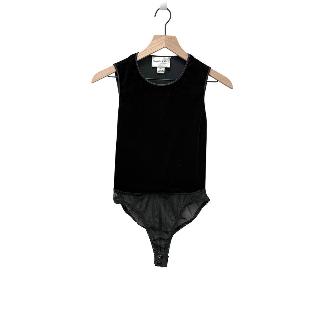 Emanuel Ungaro Black Velvet‎ Mesh Thong Bodysuit Petite P Sleeveless